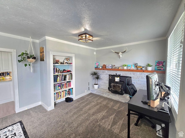 1191 N Geneva Rd, Provo, UT 84601 - carpeted home office with healthy amount of natural light, crown molding, a textured ceiling, a wood stove, and baseboards