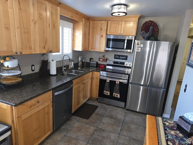 1549 W Marty Cir W, West Jordan, UT 84084 - kitchen featuring appliances with stainless steel finishes, a sink, dark tile patterned flooring, and dark stone counters