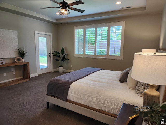 3288 W 2570 S, Hurricane, UT 84737 - carpeted bedroom featuring a raised ceiling, access to exterior, baseboards, recessed lighting, and ceiling fan