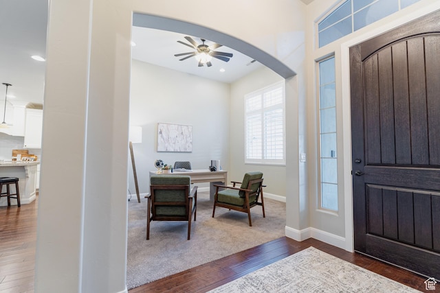 3288 W 2570 S, Hurricane, UT 84737 - entryway featuring dark wood-type flooring, ceiling fan, arched walkways, baseboards, and recessed lighting