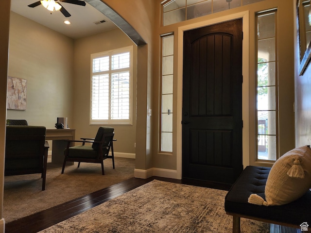 3288 W 2570 S, Hurricane, UT 84737 - entrance foyer with dark wood finished floors, a ceiling fan, and baseboards
