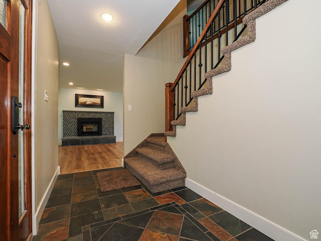 919 E 13800 S, Draper, UT 84020 - entryway with baseboards, stairway, stone tile flooring, and recessed lighting