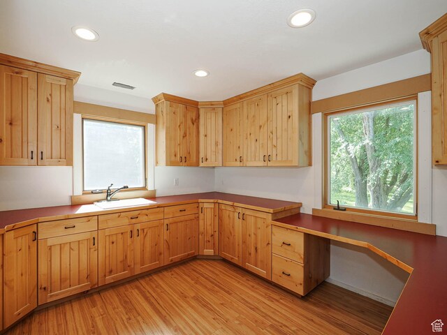 919 E 13800 S, Draper, UT 84020 - kitchen with a sink, light wood finished floors, recessed lighting, light brown cabinets, and an office area