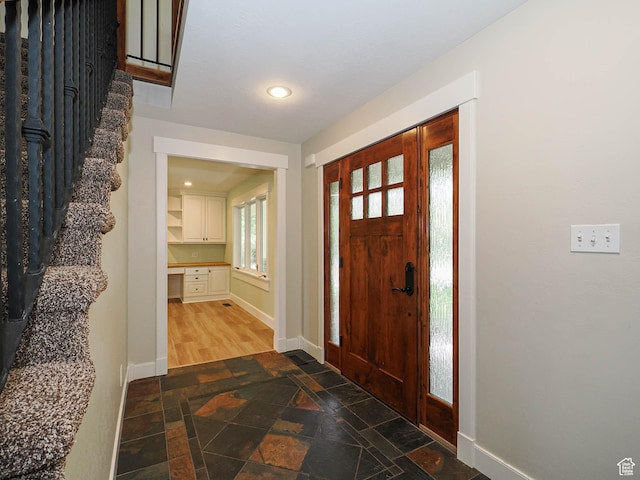 919 E 13800 S, Draper, UT 84020 - entryway featuring stone tile floors, baseboards, stairs, and recessed lighting