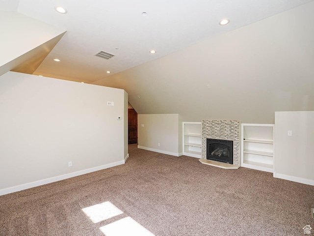 919 E 13800 S, Draper, UT 84020 - unfurnished living room featuring carpet flooring, baseboards, built in shelves, vaulted ceiling, and recessed lighting