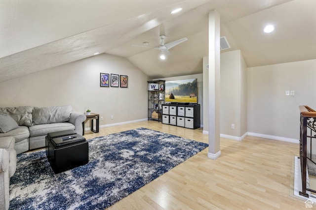 7198 S Milky Hollow Ln, West Jordan, UT 84084 - living area featuring lofted ceiling, baseboards, wood finished floors, ceiling fan, and recessed lighting
