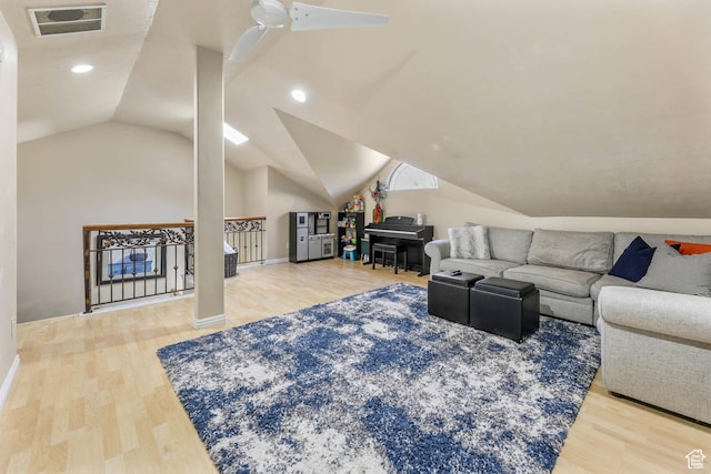 7198 S Milky Hollow Ln, West Jordan, UT 84084 - living room featuring wood finished floors, vaulted ceiling, baseboards, and recessed lighting