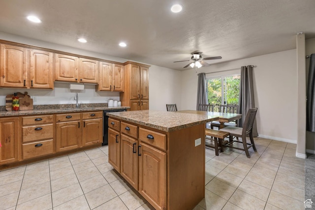 7198 S Milky Hollow Ln, West Jordan, UT 84084 - kitchen featuring a sink, black dishwasher, a ceiling fan, light tile patterned floors, and a center island