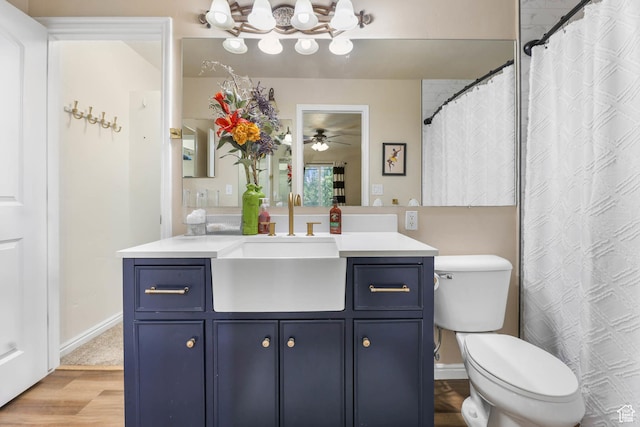 7198 S Milky Hollow Ln, West Jordan, UT 84084 - bathroom featuring vanity, wood finished floors, a ceiling fan, toilet, and a chandelier
