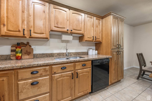 7198 S Milky Hollow Ln, West Jordan, UT 84084 - kitchen featuring black dishwasher, a sink, light tile patterned floors, and light stone counters