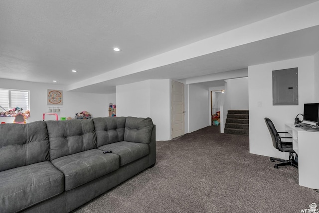 7217 N Hidden Steppe Bnd, Eagle Mountain, UT 84005 - living area with electric panel, dark colored carpet, recessed lighting, stairs, and an office area