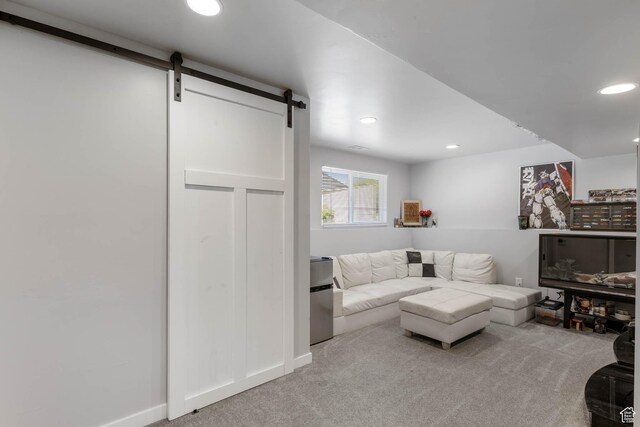 4206 S Whipoorwhil St W, West Valley City, UT 84120 - living area featuring a barn door, carpet flooring, recessed lighting, and baseboards