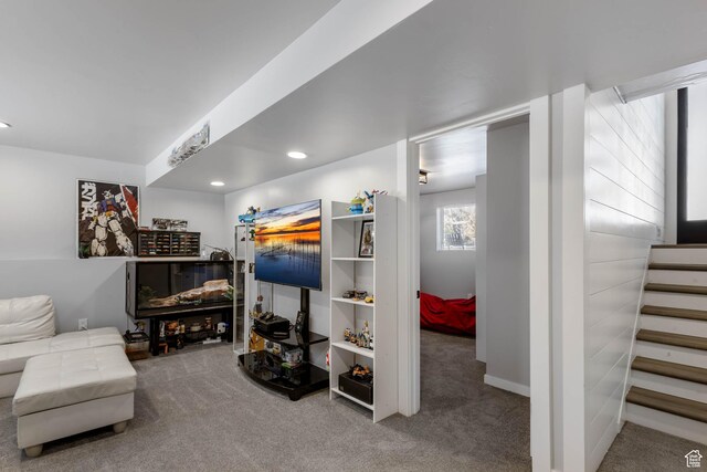 4206 S Whipoorwhil St W, West Valley City, UT 84120 - carpeted living area featuring stairs and recessed lighting