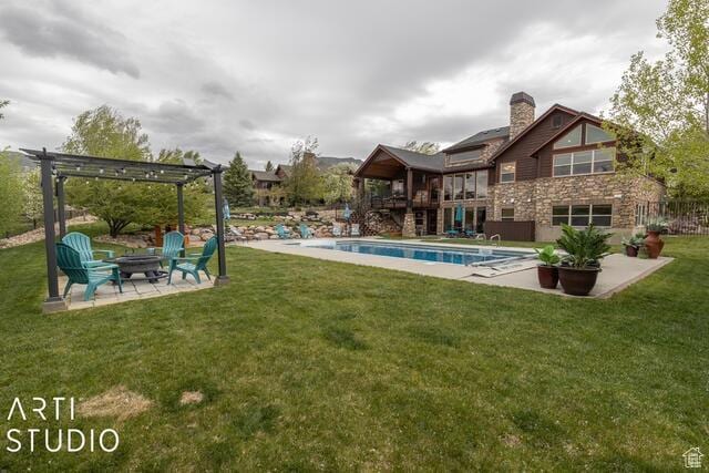3575 N Foothill Ln, Eden, UT 84310 - outdoor pool with a pergola, a fire pit, a patio, and a lawn