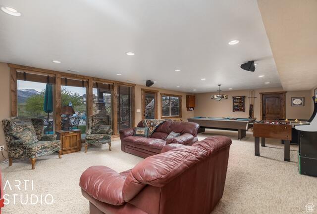 3575 N Foothill Ln, Eden, UT 84310 - living area with light colored carpet, recessed lighting, and billiards table