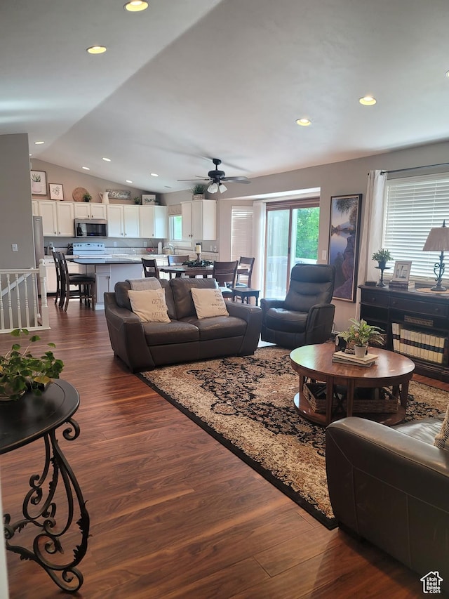 2981 S Pika Dr, West Valley City, UT 84128 - living room with vaulted ceiling, dark wood-type flooring, a ceiling fan, and recessed lighting