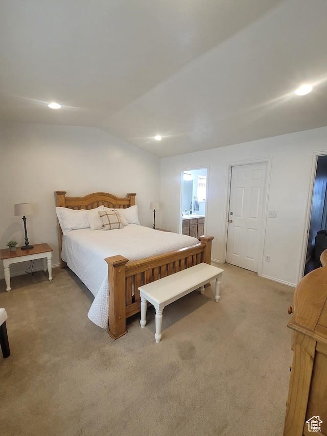 2981 S Pika Dr, West Valley City, UT 84128 - bedroom featuring lofted ceiling, light colored carpet, connected bathroom, recessed lighting, and baseboards