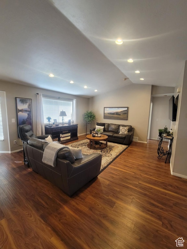 2981 S Pika Dr, West Valley City, UT 84128 - living room featuring dark wood finished floors, baseboards, recessed lighting, and lofted ceiling