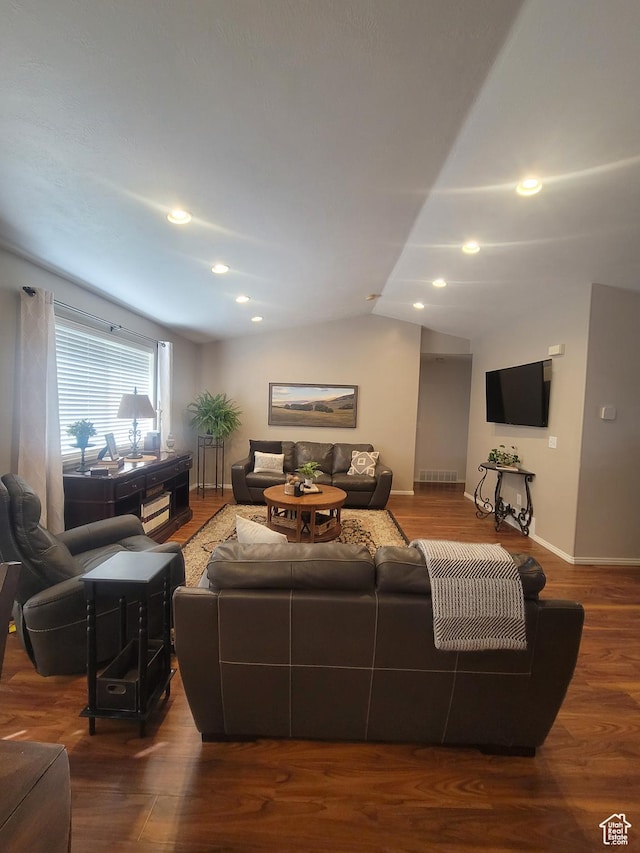 2981 S Pika Dr, West Valley City, UT 84128 - living room with lofted ceiling, wood finished floors, baseboards, and recessed lighting