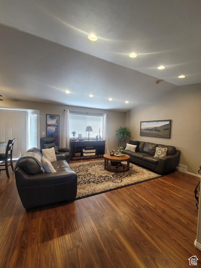 2981 S Pika Dr, West Valley City, UT 84128 - living area with dark wood finished floors, vaulted ceiling, and recessed lighting