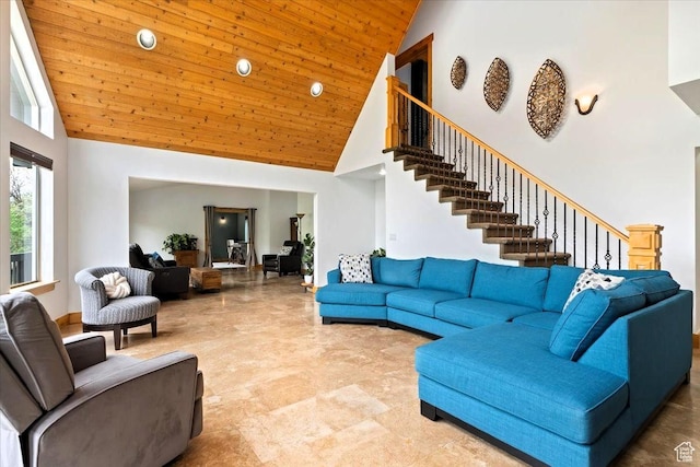 5548 E Emigration Canyon Rd E, Salt Lake City, UT 84108 - living area with high vaulted ceiling, stairs, wood ceiling, and recessed lighting