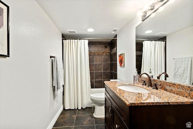 5548 E Emigration Canyon Rd E, Salt Lake City, UT 84108 - bathroom with vanity, baseboards, toilet, tile patterned floors, and shower / tub combo with curtain