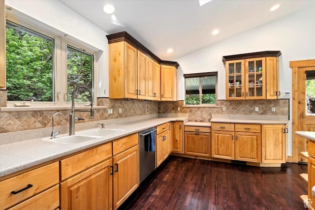 5548 E Emigration Canyon Rd E, Salt Lake City, UT 84108 - kitchen with lofted ceiling, stainless steel dishwasher, dark wood-style flooring, a sink, and light countertops