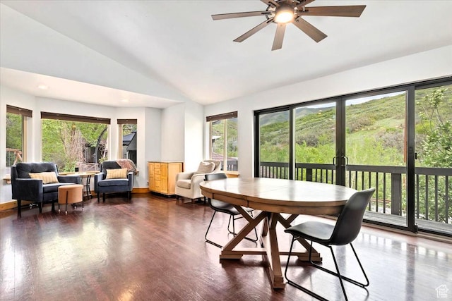 5548 E Emigration Canyon Rd E, Salt Lake City, UT 84108 - dining space featuring healthy amount of natural light, ceiling fan, wood finished floors, high vaulted ceiling, and recessed lighting
