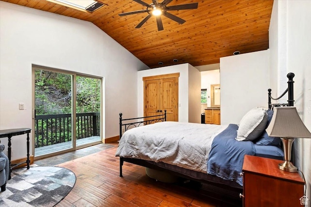 5548 E Emigration Canyon Rd E, Salt Lake City, UT 84108 - bedroom with access to exterior, high vaulted ceiling, wood ceiling, hardwood / wood-style floors, and baseboards