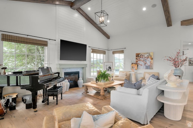 567 W Cascade Meadows Loop S, Midway, UT 84049 - living area featuring beamed ceiling, wood-type flooring, high vaulted ceiling, a glass covered fireplace, and a chandelier