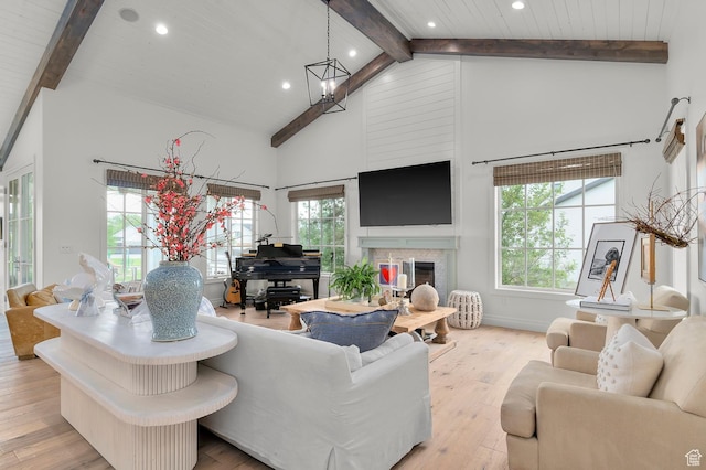567 W Cascade Meadows Loop S, Midway, UT 84049 - living area featuring recessed lighting, wood-type flooring, high vaulted ceiling, a chandelier, and a fireplace