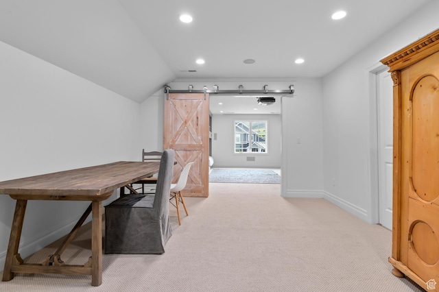 567 W Cascade Meadows Loop S, Midway, UT 84049 - carpeted home office featuring recessed lighting, baseboards, a barn door, and lofted ceiling