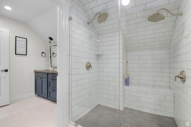 567 W Cascade Meadows Loop S, Midway, UT 84049 - full bathroom with a stall shower, vaulted ceiling, vanity, recessed lighting, and baseboards