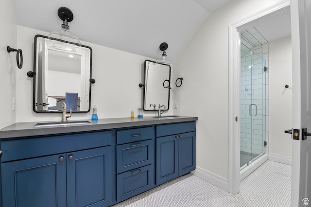 567 W Cascade Meadows Loop S, Midway, UT 84049 - bathroom featuring a stall shower, double vanity, lofted ceiling, baseboards, and tile patterned floors