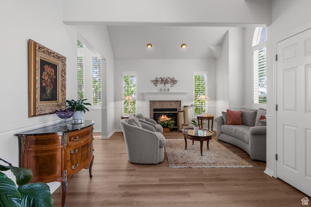 2016 E Graystone Ln S, Draper, UT 84020 - living room featuring wood finished floors, a fireplace, recessed lighting, and lofted ceiling