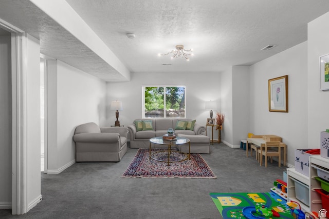 2016 E Graystone Ln S, Draper, UT 84020 - carpeted living area featuring baseboards, a textured ceiling, and a chandelier