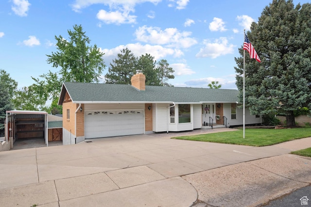 2592 S 50 W, Bountiful, UT 84010 - ranch-style home with an attached garage, a front lawn, roof with shingles, and a chimney