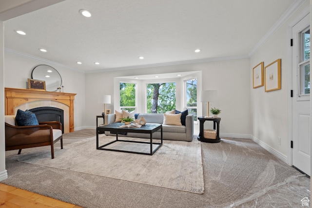 2592 S 50 W, Bountiful, UT 84010 - living room featuring crown molding, a fireplace, recessed lighting, baseboards, and wood finished floors