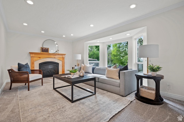 2592 S 50 W, Bountiful, UT 84010 - living room with baseboards, carpet floors, a tile fireplace, recessed lighting, and crown molding