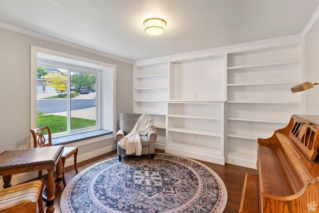 2149 E 3325 N, Layton, UT 84040 - living area featuring crown molding, wood finished floors, baseboards, built in features, and a textured ceiling