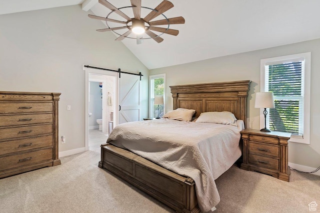 2149 E 3325 N, Layton, UT 84040 - bedroom with a barn door, light carpet, baseboards, beam ceiling, and high vaulted ceiling