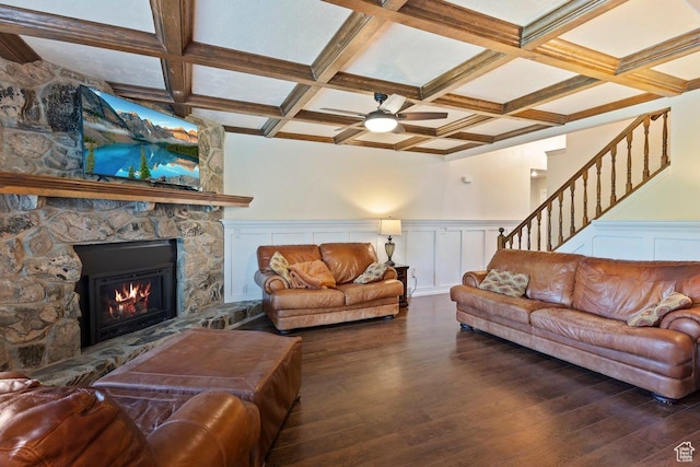 2149 E 3325 N, Layton, UT 84040 - living room with wood finished floors, a fireplace, beam ceiling, coffered ceiling, and ceiling fan
