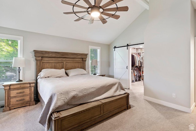 2149 E 3325 N, Layton, UT 84040 - bedroom with light colored carpet, a barn door, baseboards, a walk in closet, and a ceiling fan