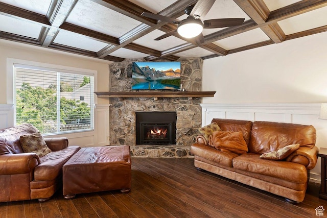 2149 E 3325 N, Layton, UT 84040 - living area featuring coffered ceiling, a stone fireplace, wood-type flooring, ceiling fan, and beamed ceiling