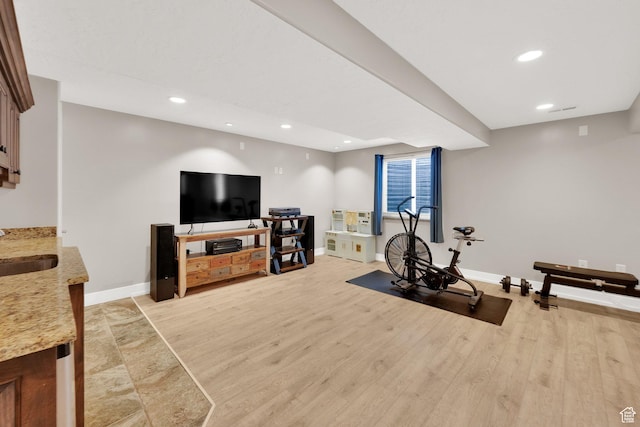 7215 S Aerie Hill Dr W, West Jordan, UT 84081 - exercise area with baseboards, recessed lighting, a sink, and light wood finished floors