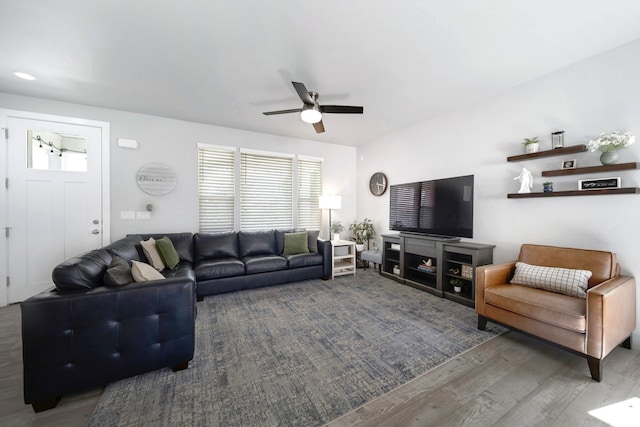 6178 W Sugarcane Dr, South Jordan, UT 84009 - living area with a ceiling fan and wood finished floors