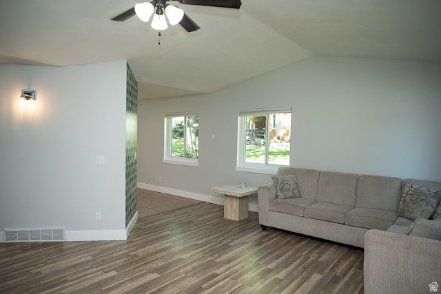 170 W 500 N, Wellsville, UT 84339 - living area featuring a ceiling fan, dark wood-style floors, and lofted ceiling