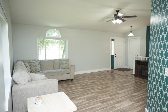 170 W 500 N, Wellsville, UT 84339 - living room with wood finished floors, a ceiling fan, and lofted ceiling