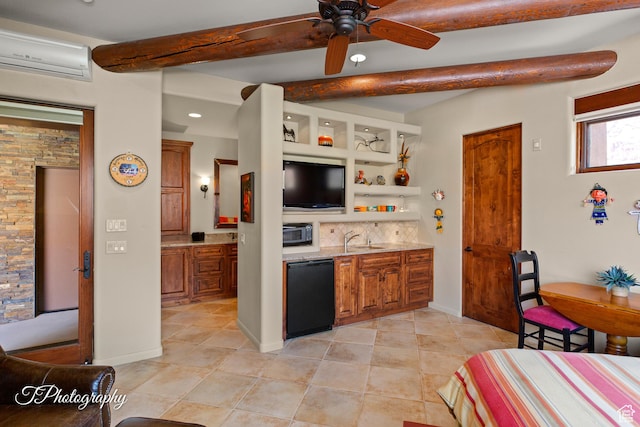 1936 N Uwan Dr, Ivins, UT 84738 - kitchen with a sink, a ceiling fan, black dishwasher, brown cabinetry, and beamed ceiling