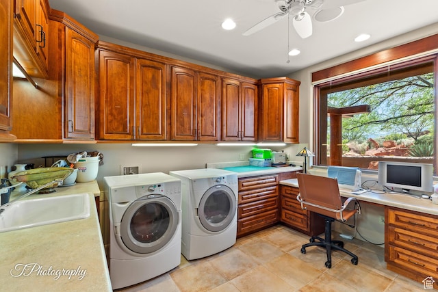 1936 N Uwan Dr, Ivins, UT 84738 - washroom with washer and dryer, cabinet space, a ceiling fan, a desk, and recessed lighting